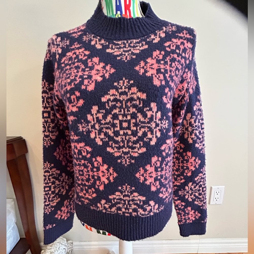 Rachel Zoe Navy and Pink Patterned Knit Sweater